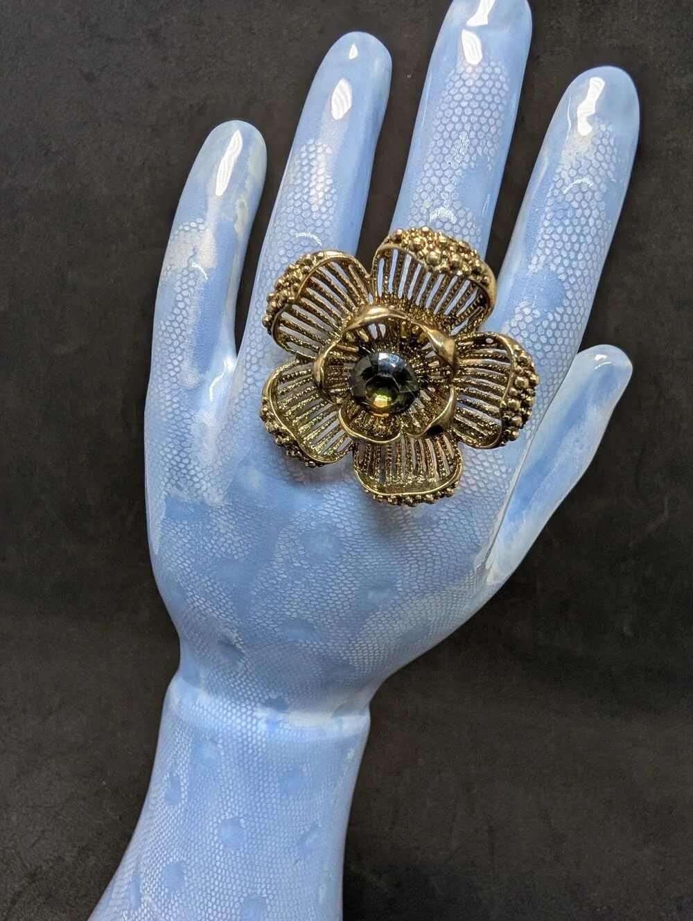 Gold Tone Large Filigree Flower Statement Ring Faceted Green Gem